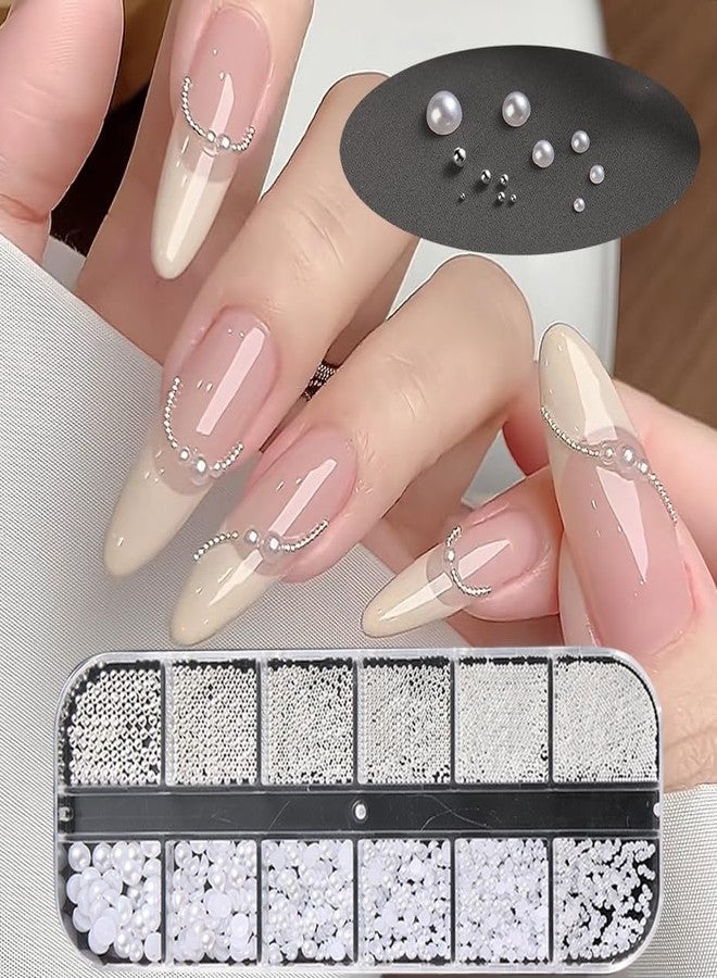 FSpronail Pearl 3D Nail Charms Rhinestone Silver Beads Multi Design 2Boxes,White Semicircle Pearls Jewelry Silvery Steel Ball Mixed Sizes Nails Decoration,Flatback Diamond Gems Women DIY Nail Ornament - Image 4